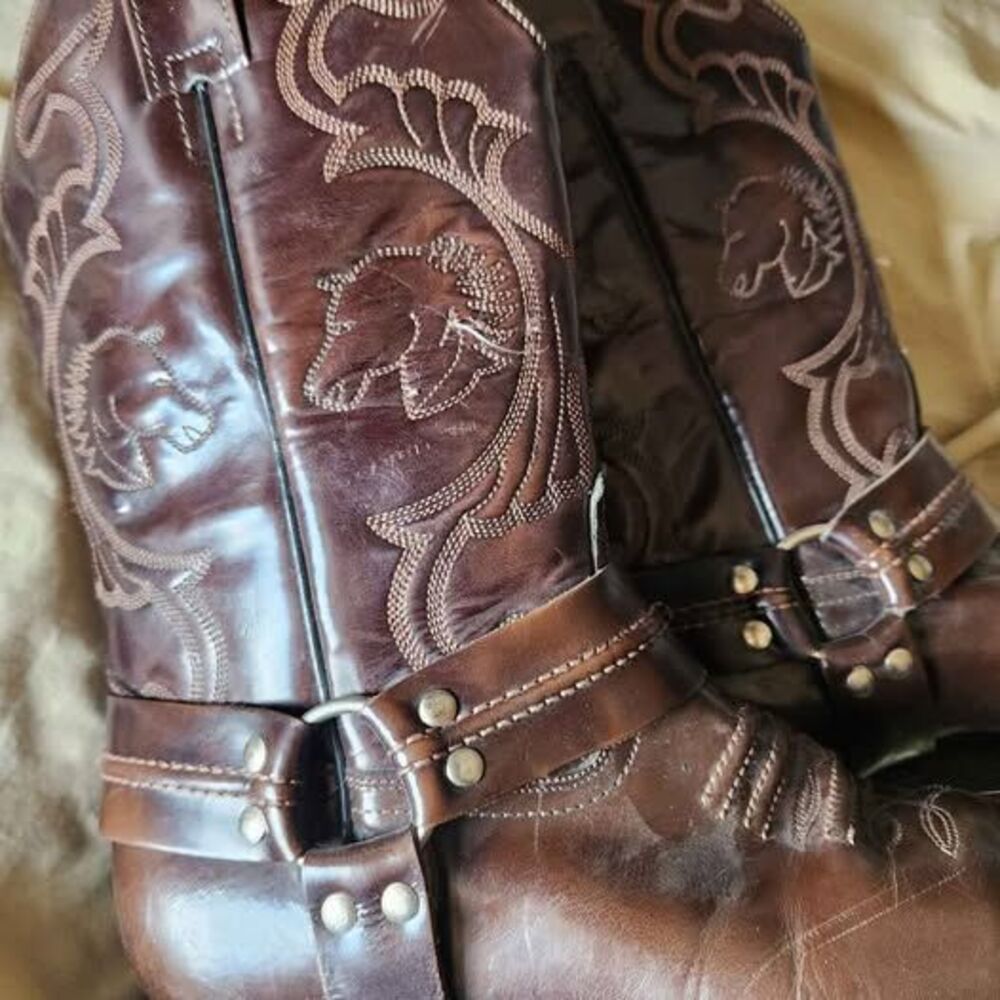 Vintage Leather Harness Cowboy Boots - Unisex Size 8.5W / 7M